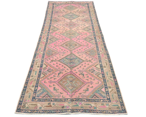 10 Ft Vintage Pink Persian Style Hand Knotted Low Pile Wool Runner Rug